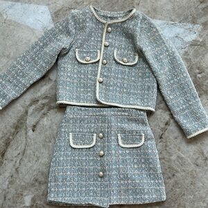 Tweed suit set xs, dusty blue, pearl button, gold detail,  homecoming court